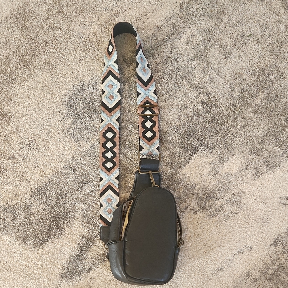 Black Crossbody Bag with Patterned Strap